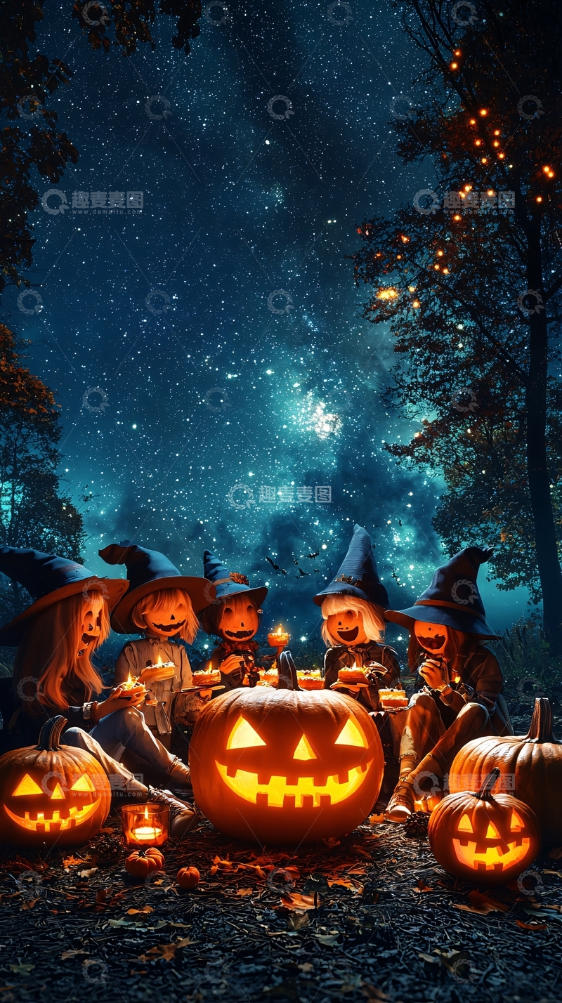 高清大图下载【趣麦麦图】万圣节夜晚南瓜灯聚会