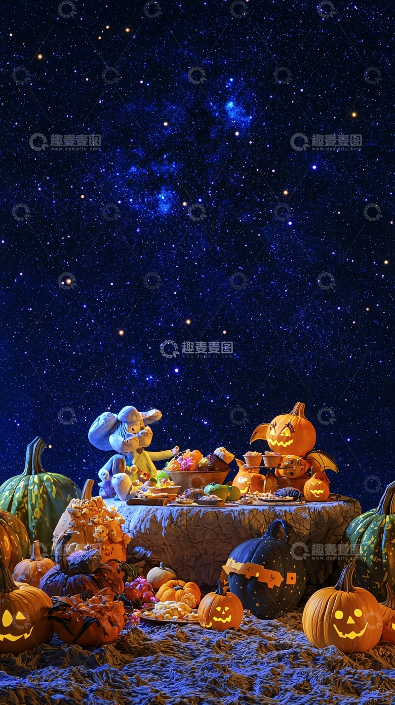 高清大图下载【趣麦麦图】万圣节夜空下的南瓜聚会