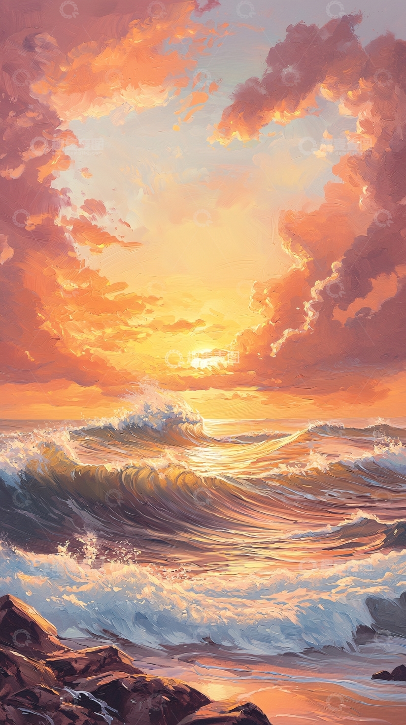 高清大图下载【趣麦麦图】日落海浪油画风格