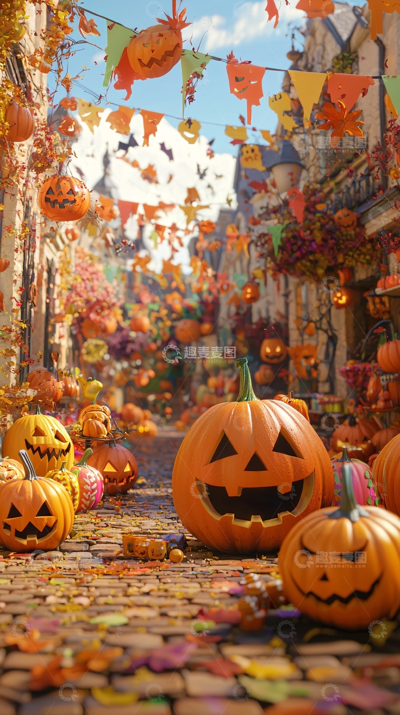 高清大图下载【趣麦麦图】万圣节南瓜装饰街道