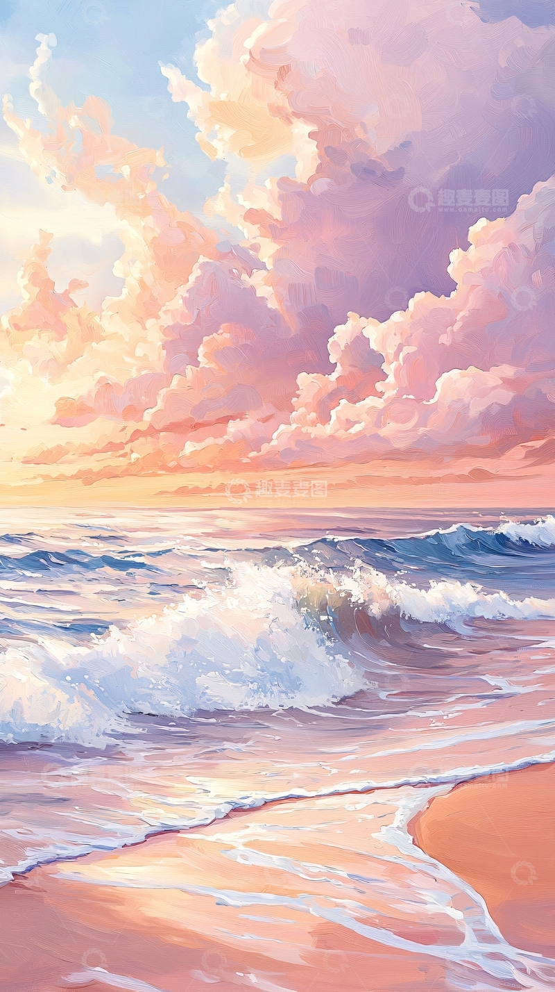 高清大图下载【趣麦麦图】日落海滩海浪沙滩风景