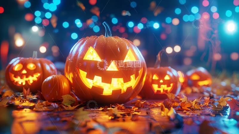 高清大图下载【趣麦麦图】万圣节南瓜灯与落叶夜景