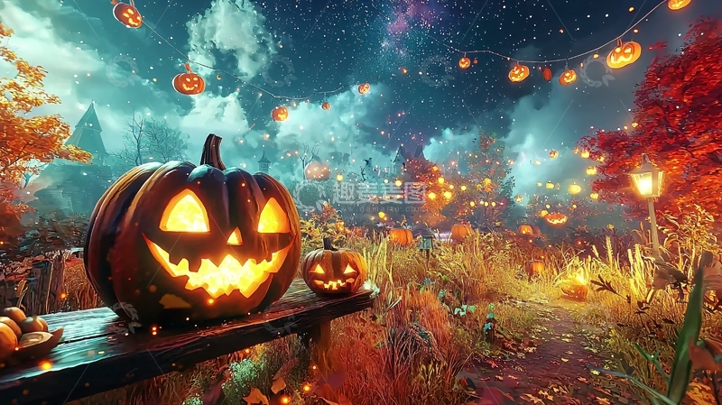 高清大图下载【趣麦麦图】万圣节南瓜灯夜景