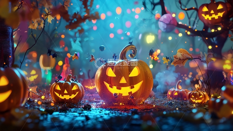 高清大图下载【趣麦麦图】万圣节南瓜灯森林夜景