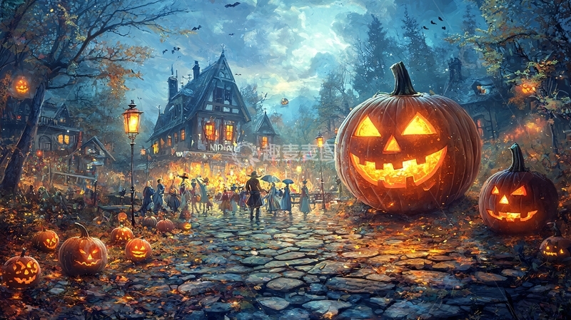 高清大图下载【趣麦麦图】万圣节南瓜灯与村庄夜景