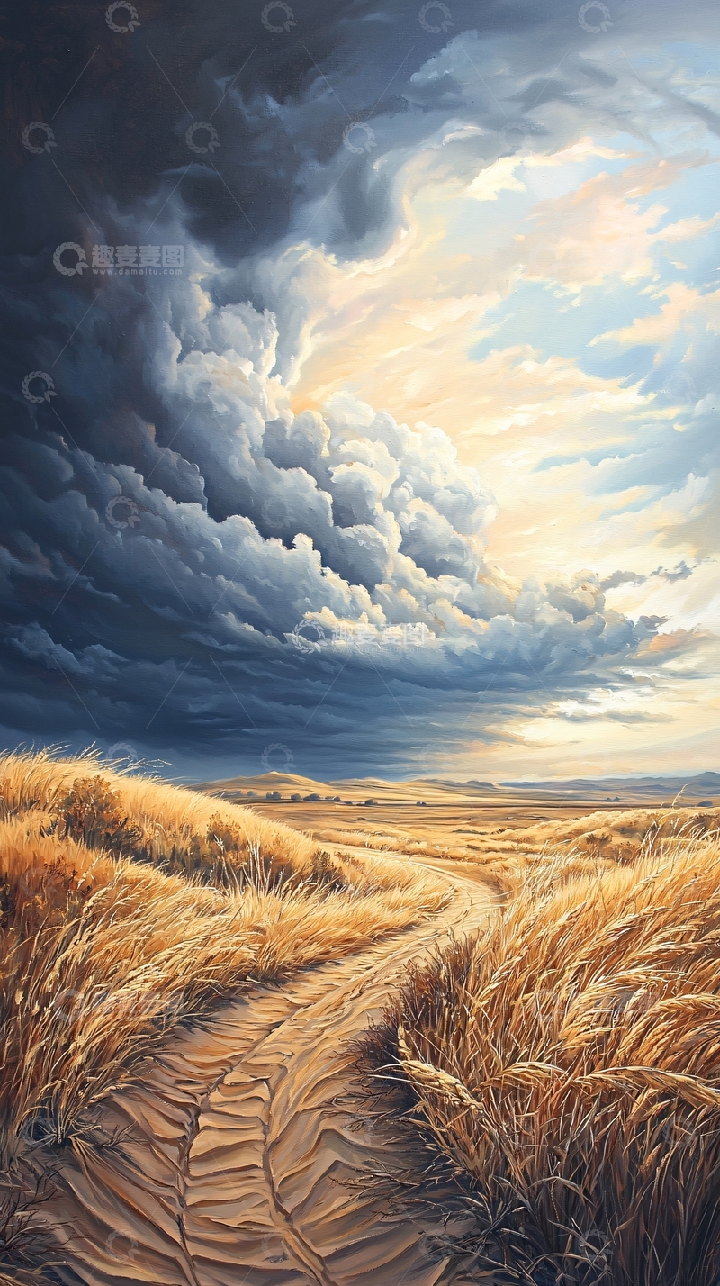 高清大图下载【趣麦麦图】草原上的夕阳与云层