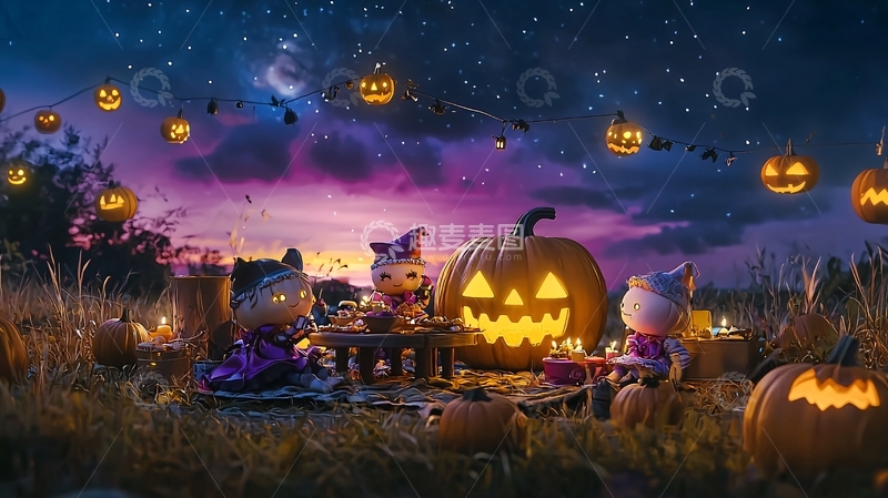 高清大图下载【趣麦麦图】万圣节南瓜灯下的小巫女
