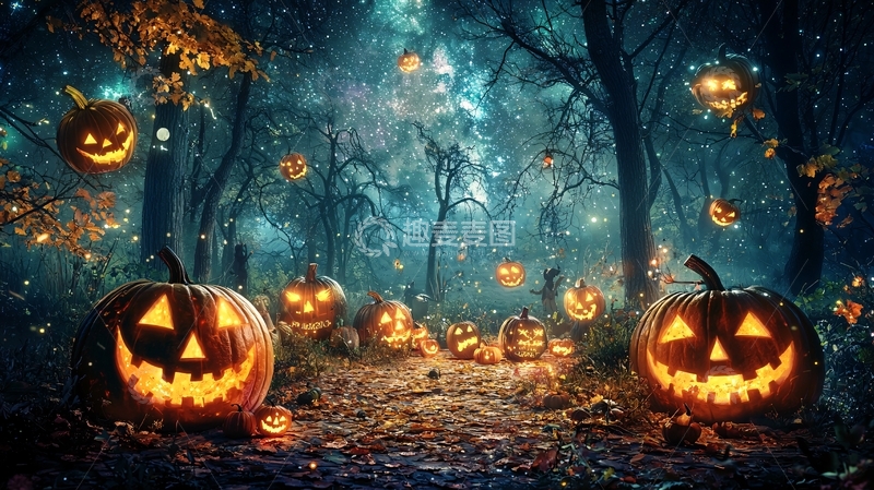 高清大图下载【趣麦麦图】万圣节森林中的南瓜灯