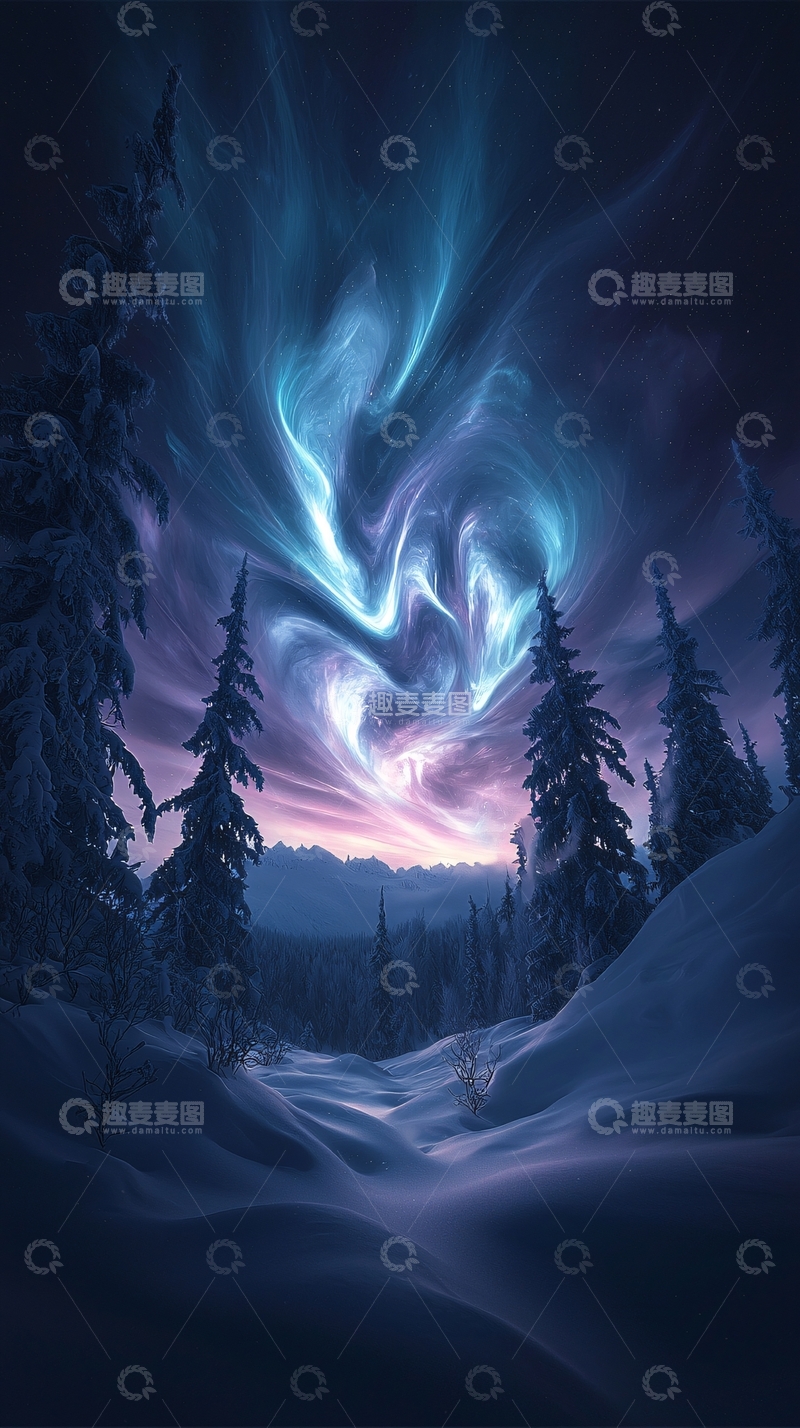 高清大图下载【趣麦麦图】极光下的雪林夜景
