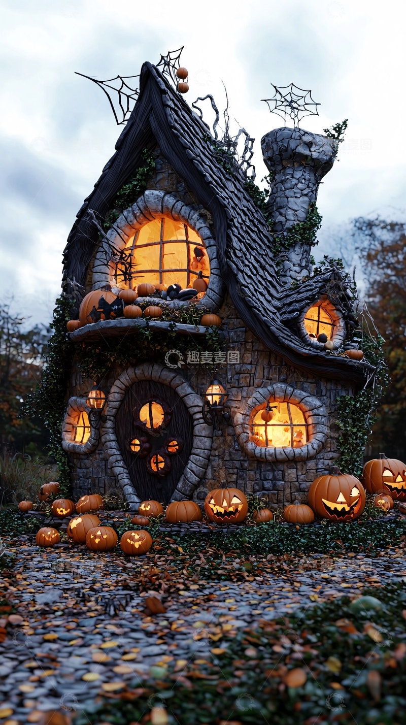 高清大图下载【趣麦麦图】万圣节南瓜灯装饰的小屋