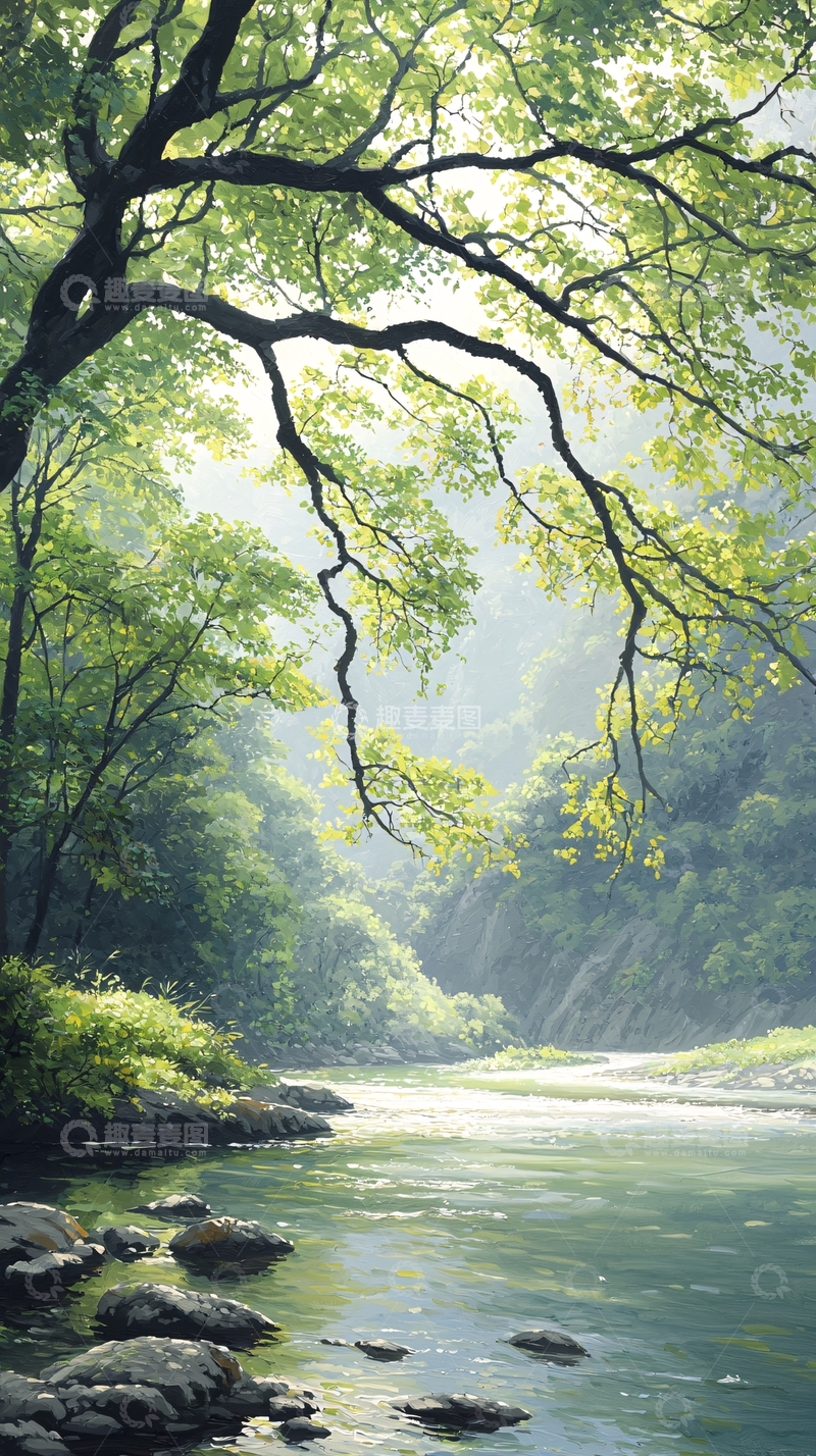 高清大图下载【趣麦麦图】夏日森林河流风景