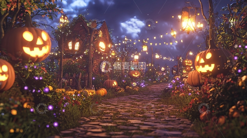 高清大图下载【趣麦麦图】万圣节南瓜灯与石径夜景