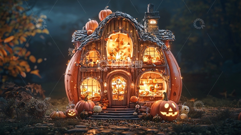高清大图下载【趣麦麦图】万圣节南瓜屋夜景