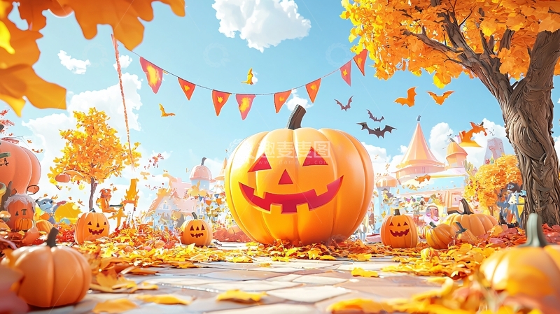 高清大图下载【趣麦麦图】万圣节南瓜与秋天树叶