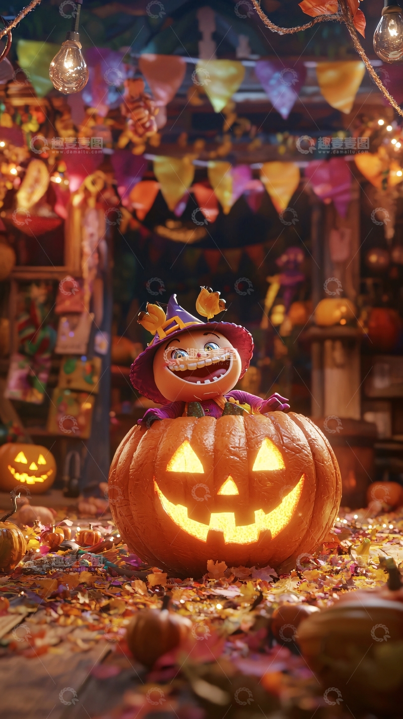 高清大图下载【趣麦麦图】万圣节南瓜灯里的可爱小巫女
