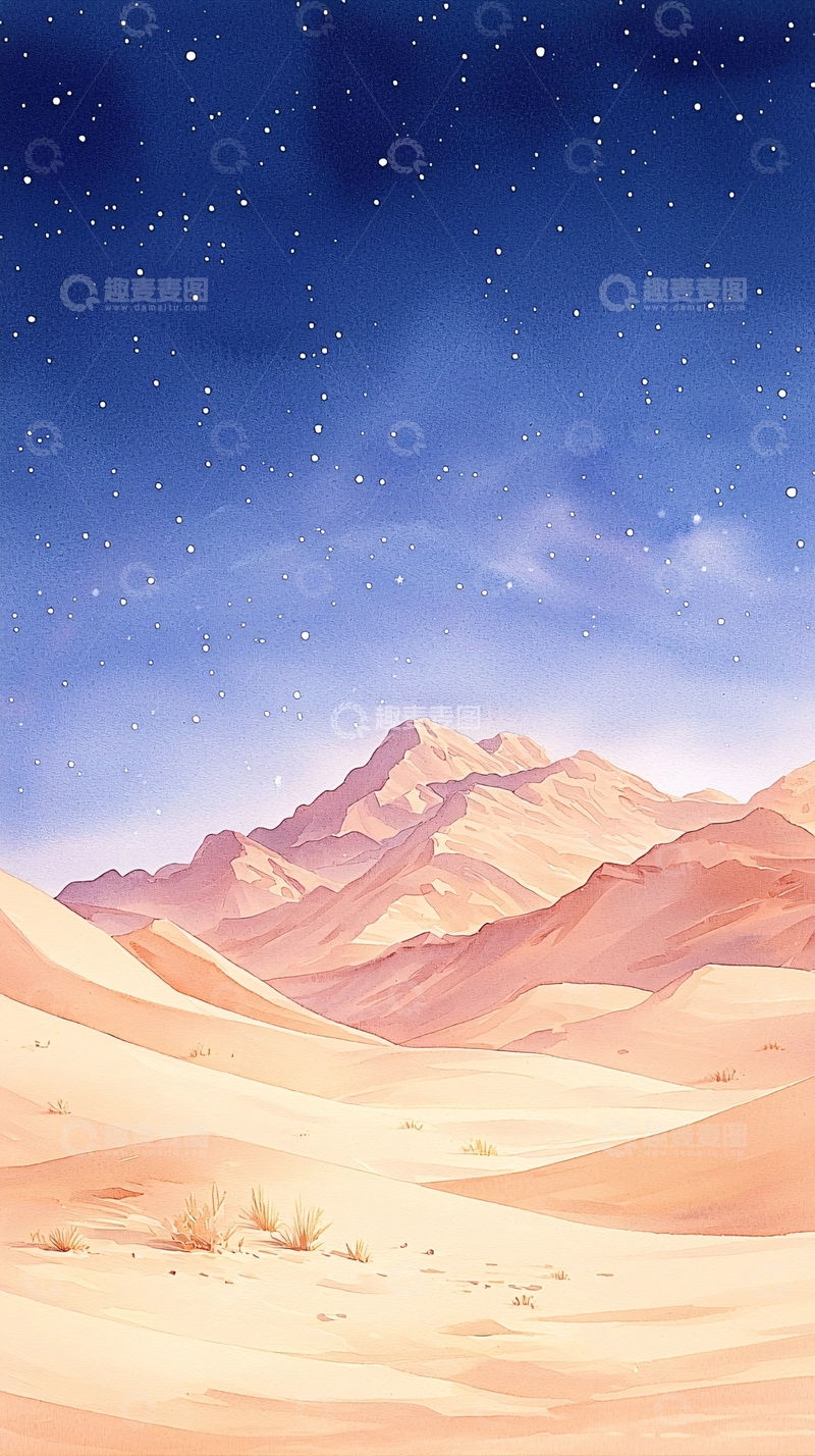 高清大图下载【趣麦麦图】沙漠星空下的山脉风景