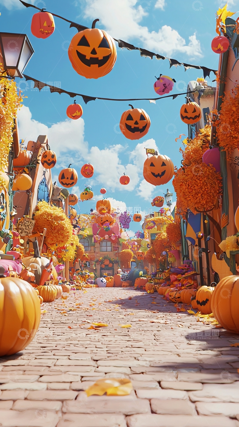 高清大图下载【趣麦麦图】万圣节南瓜装饰街道