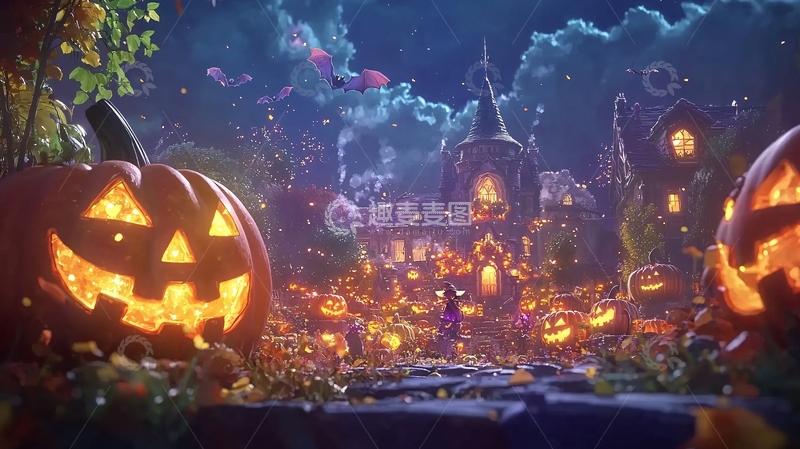 高清大图下载【趣麦麦图】万圣节南瓜与城堡夜景