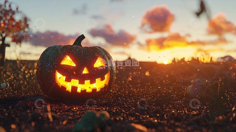 高清大图下载【趣麦麦图】万圣节南瓜灯与夕阳