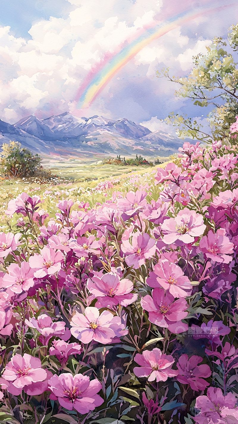 高清大图下载【趣麦麦图】彩虹下的粉色花海