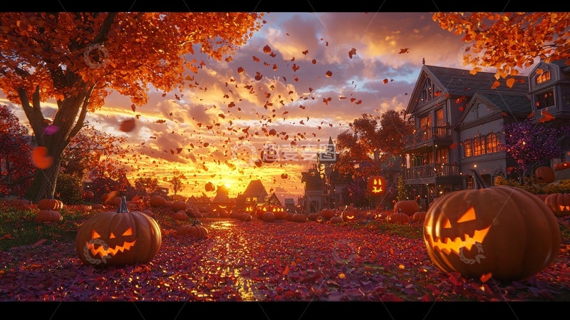 高清大图下载【趣麦麦图】万圣节南瓜与秋叶的梦幻场景