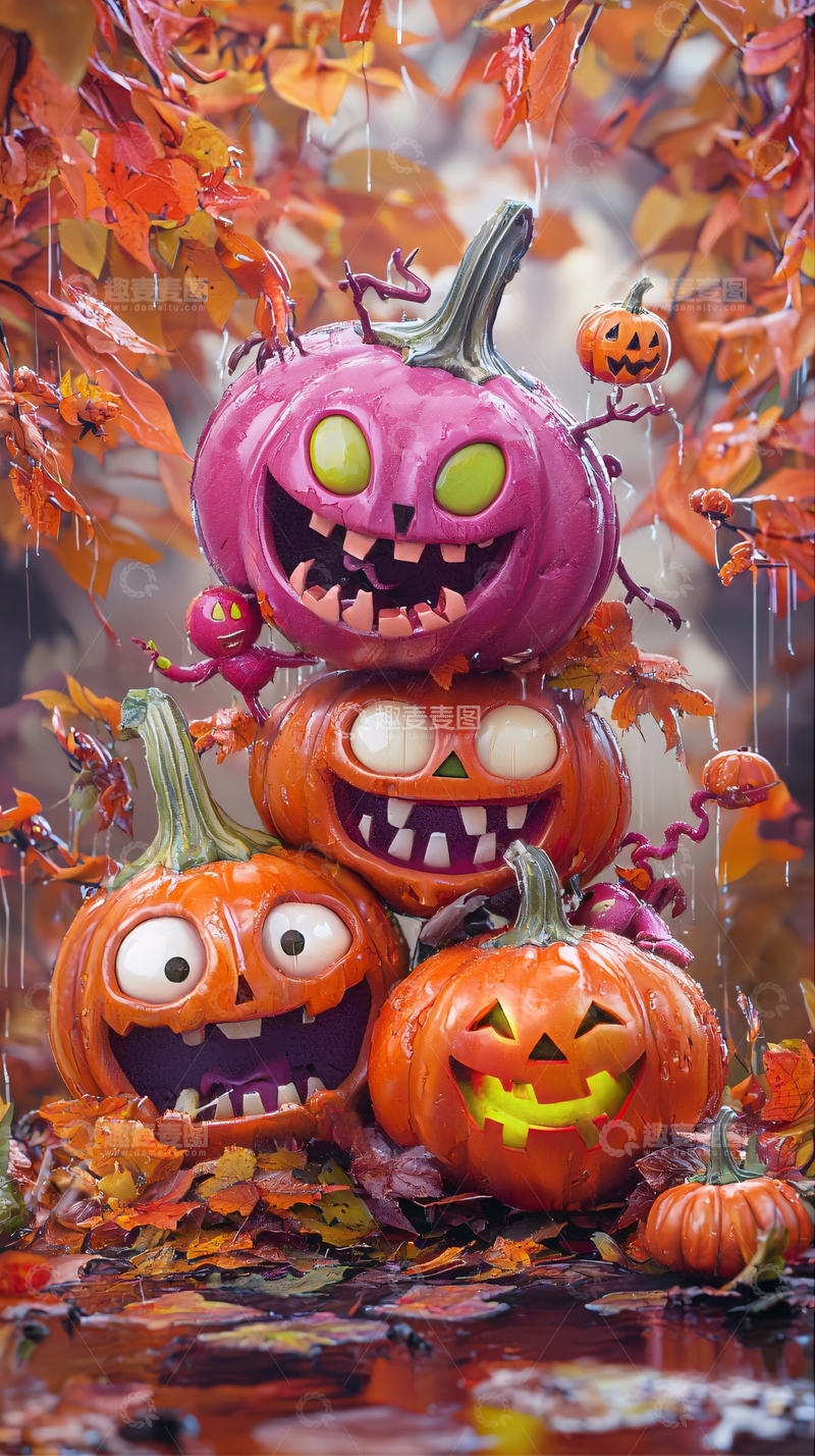 高清大图下载【趣麦麦图】万圣节南瓜堆满秋叶