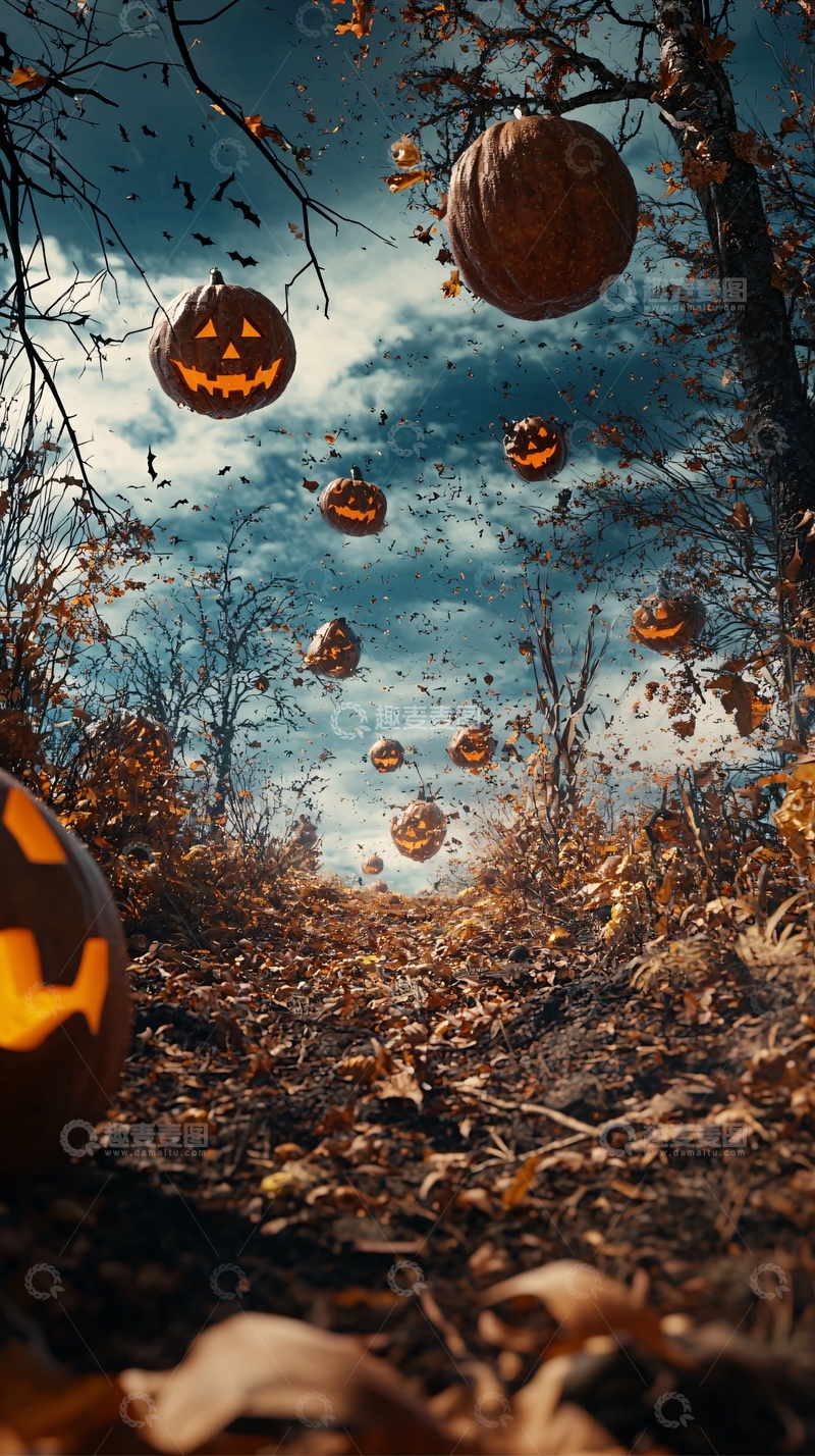 高清大图下载【趣麦麦图】万圣节南瓜飘落森林