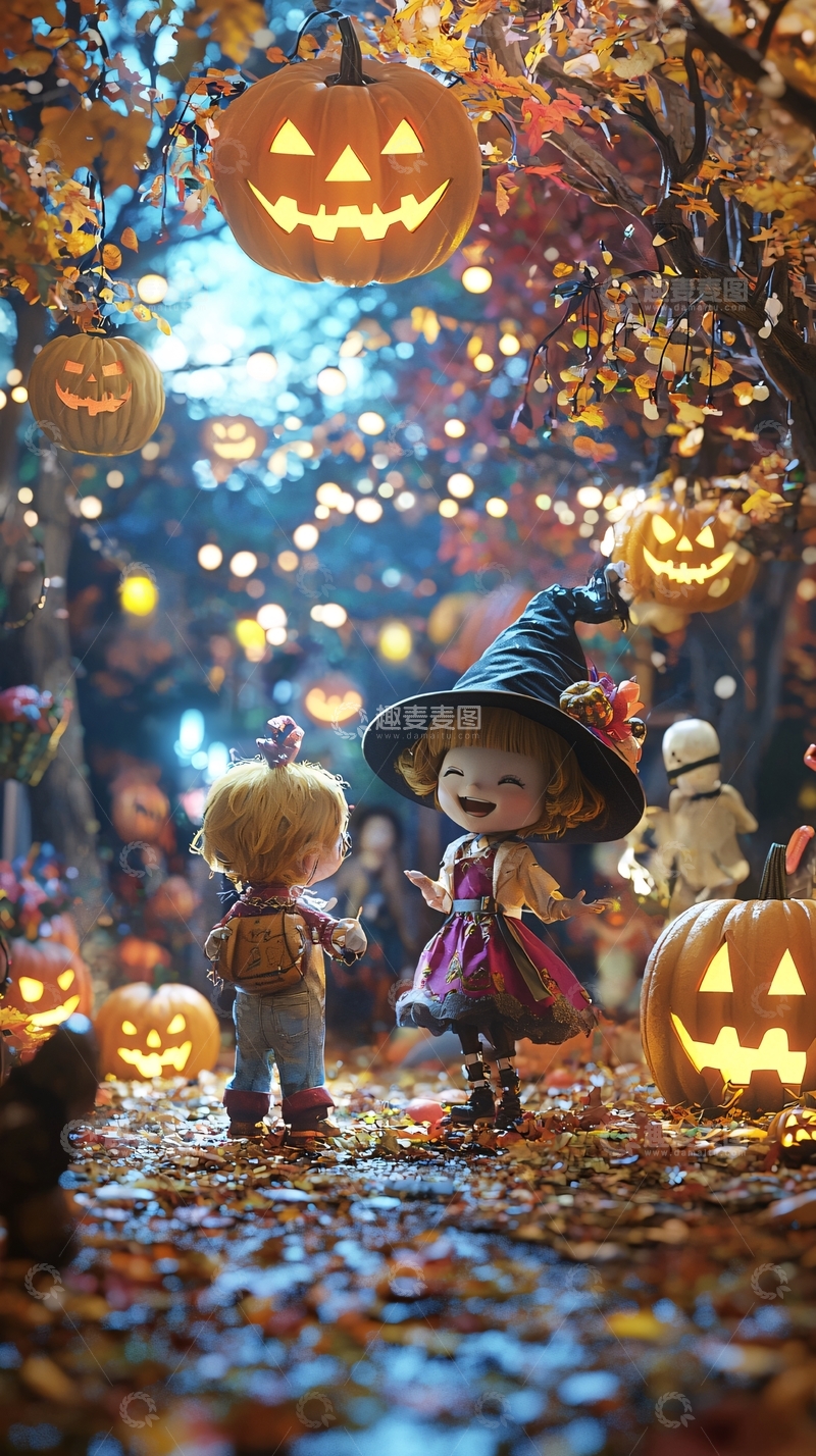 高清大图下载【趣麦麦图】万圣节夜景下的玩偶