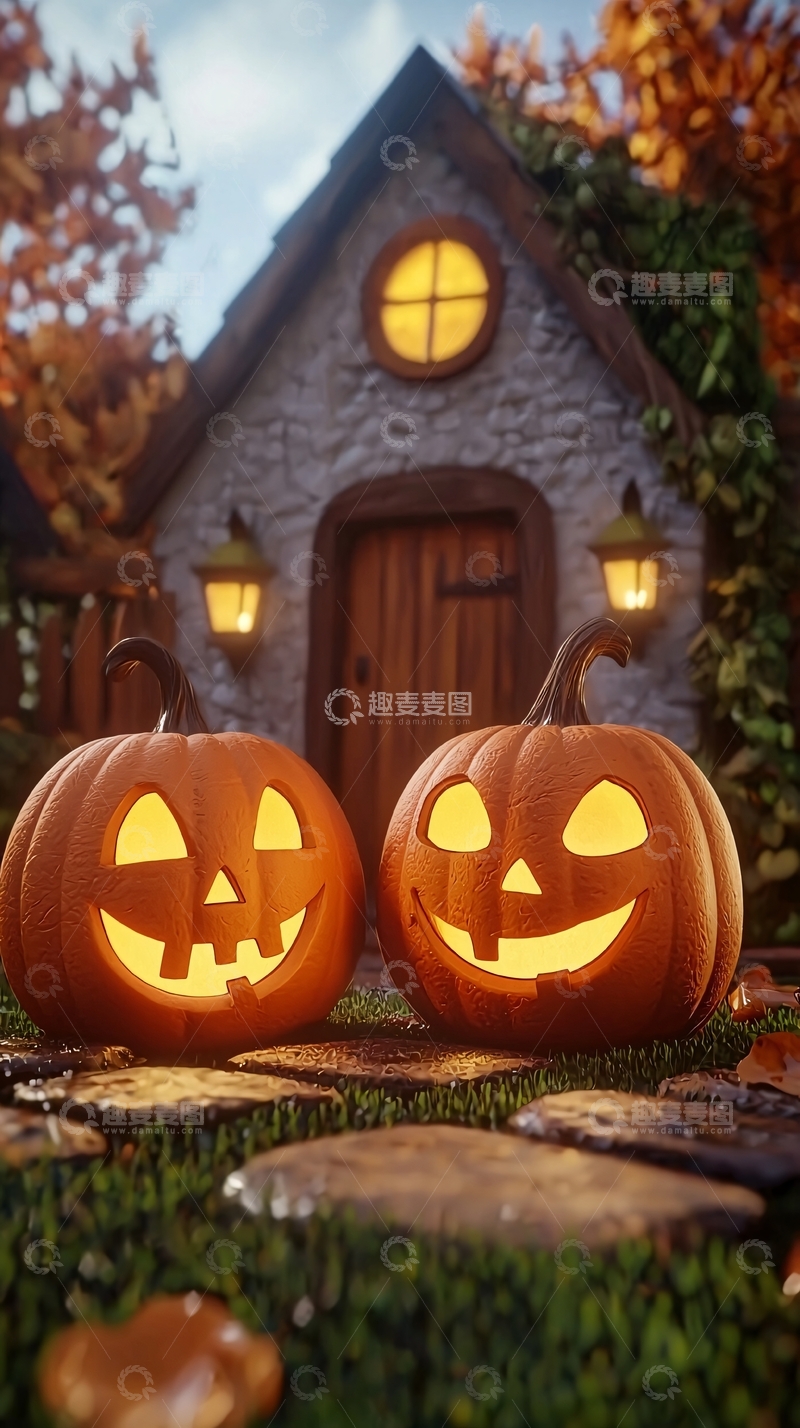 高清大图下载【趣麦麦图】万圣节南瓜灯与石屋