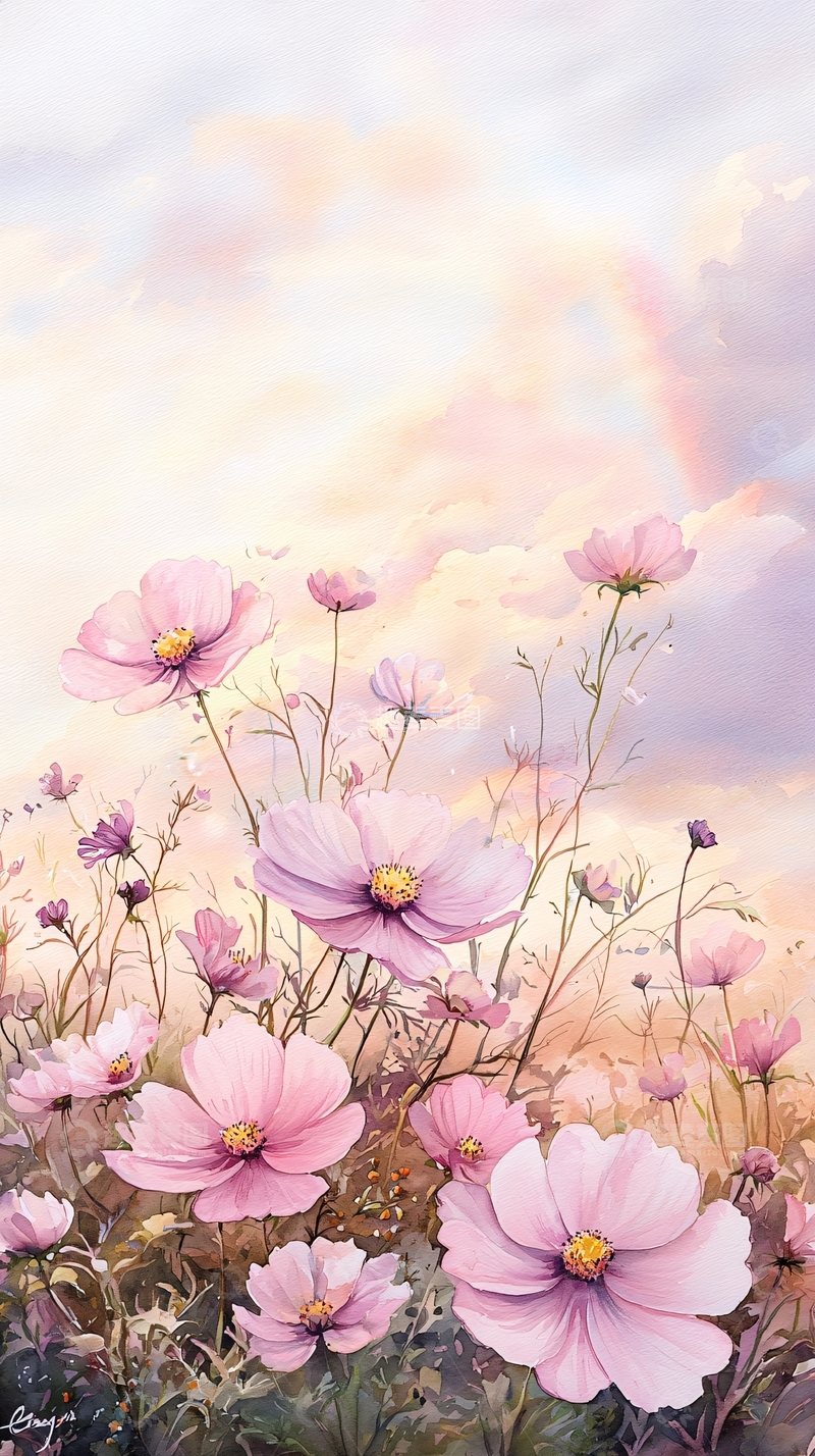 高清大图下载【趣麦麦图】粉色花朵与天空的梦幻景象