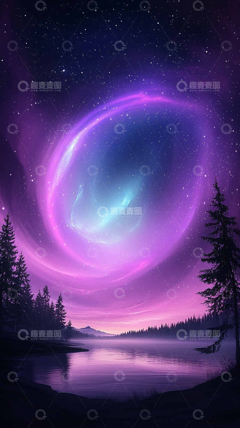 高清大图下载【趣麦麦图】梦幻星空下的湖畔夜景