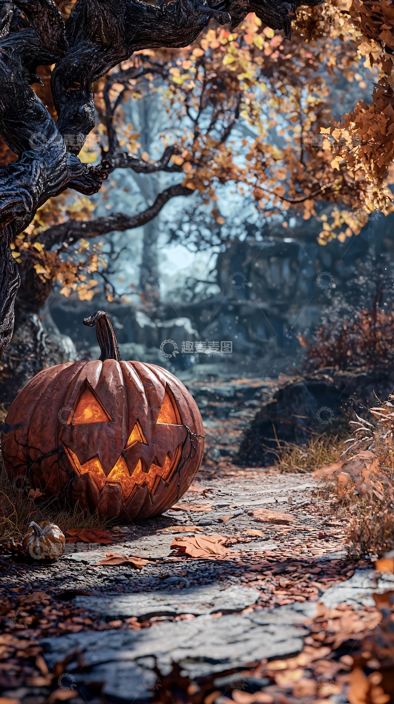 高清大图下载【趣麦麦图】秋日森林中的南瓜灯