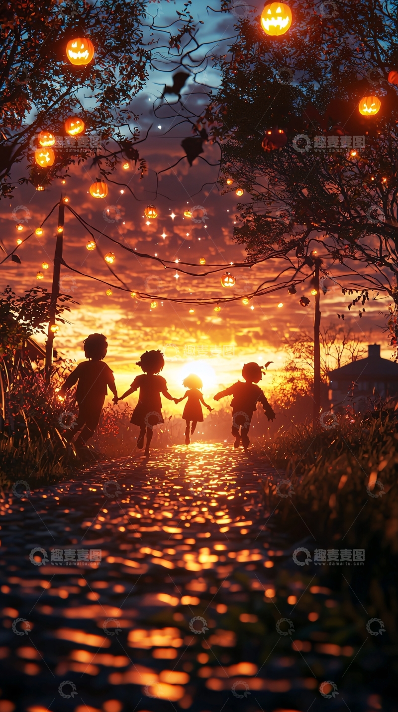 高清大图下载【趣麦麦图】万圣节夜晚孩子们的快乐时光