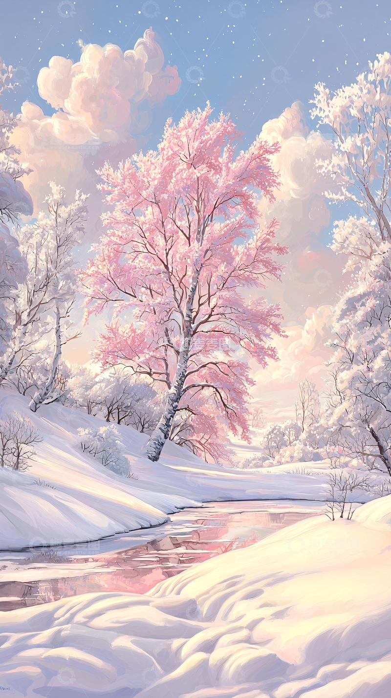 高清大图下载【趣麦麦图】冬日雪景中的粉色树