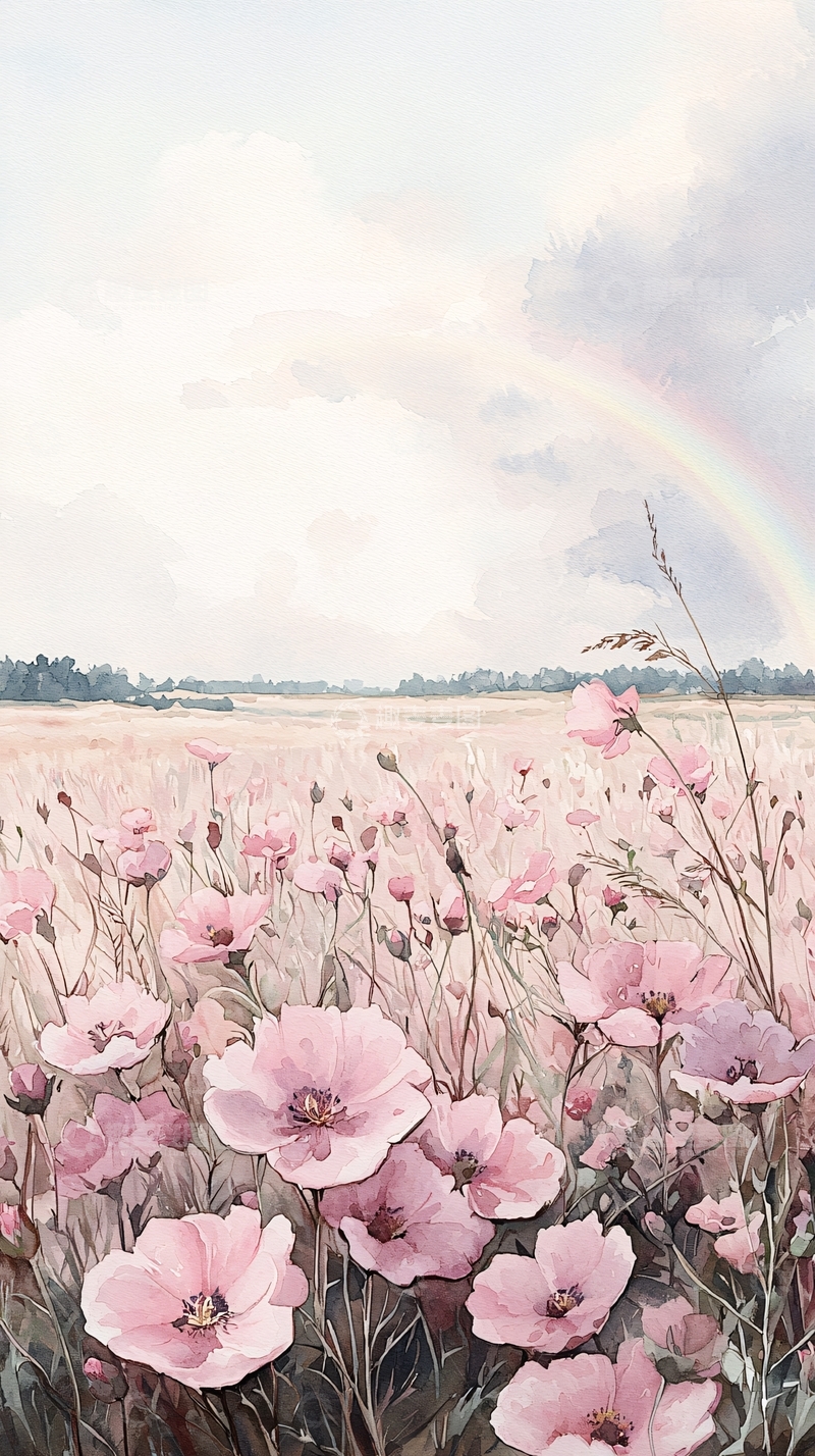 高清大图下载【趣麦麦图】彩虹下的粉色花海