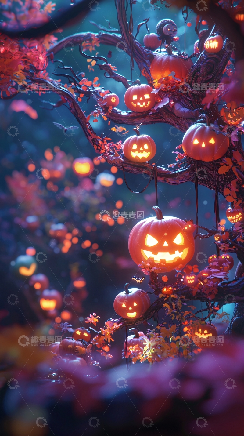 高清大图下载【趣麦麦图】万圣节南瓜树灯饰