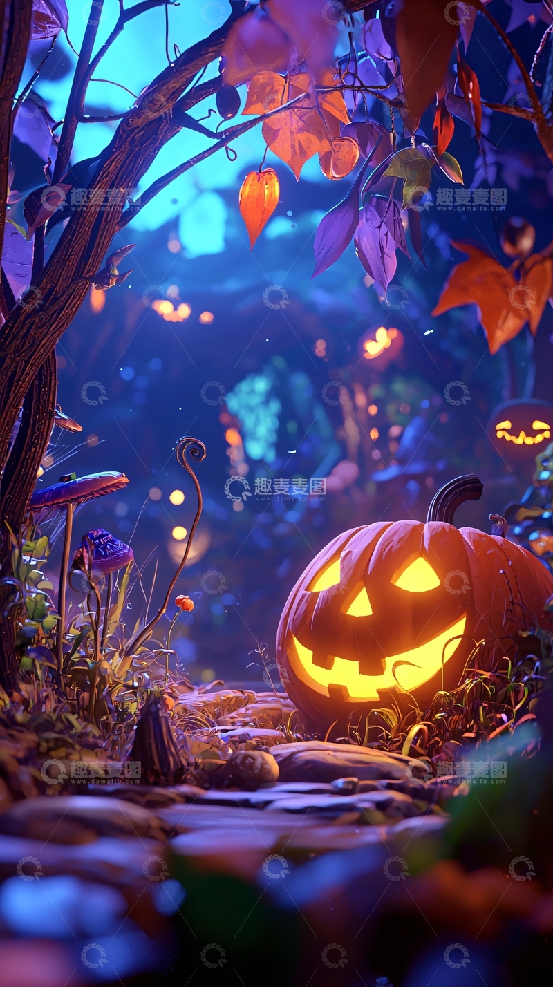 高清大图下载【趣麦麦图】万圣节森林中的南瓜灯
