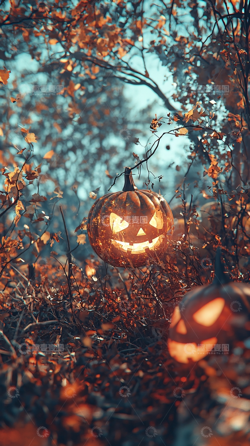 高清大图下载【趣麦麦图】秋日森林中的南瓜灯