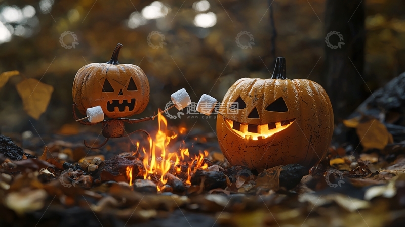 高清大图下载【趣麦麦图】万圣节南瓜烤棉花糖篝火