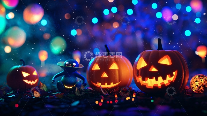 高清大图下载【趣麦麦图】万圣节南瓜灯与小怪兽