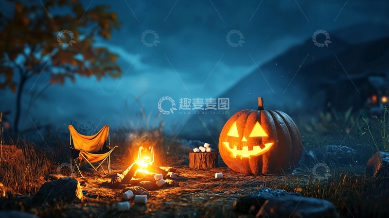 高清大图下载【趣麦麦图】万圣节户外露营篝火南瓜灯