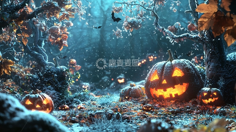 高清大图下载【趣麦麦图】万圣节森林中的南瓜灯