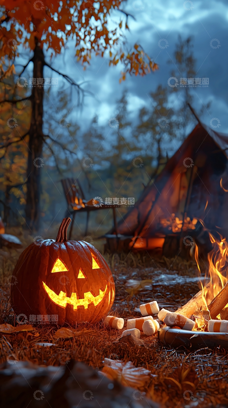 高清大图下载【趣麦麦图】秋夜森林中的南瓜灯与篝火