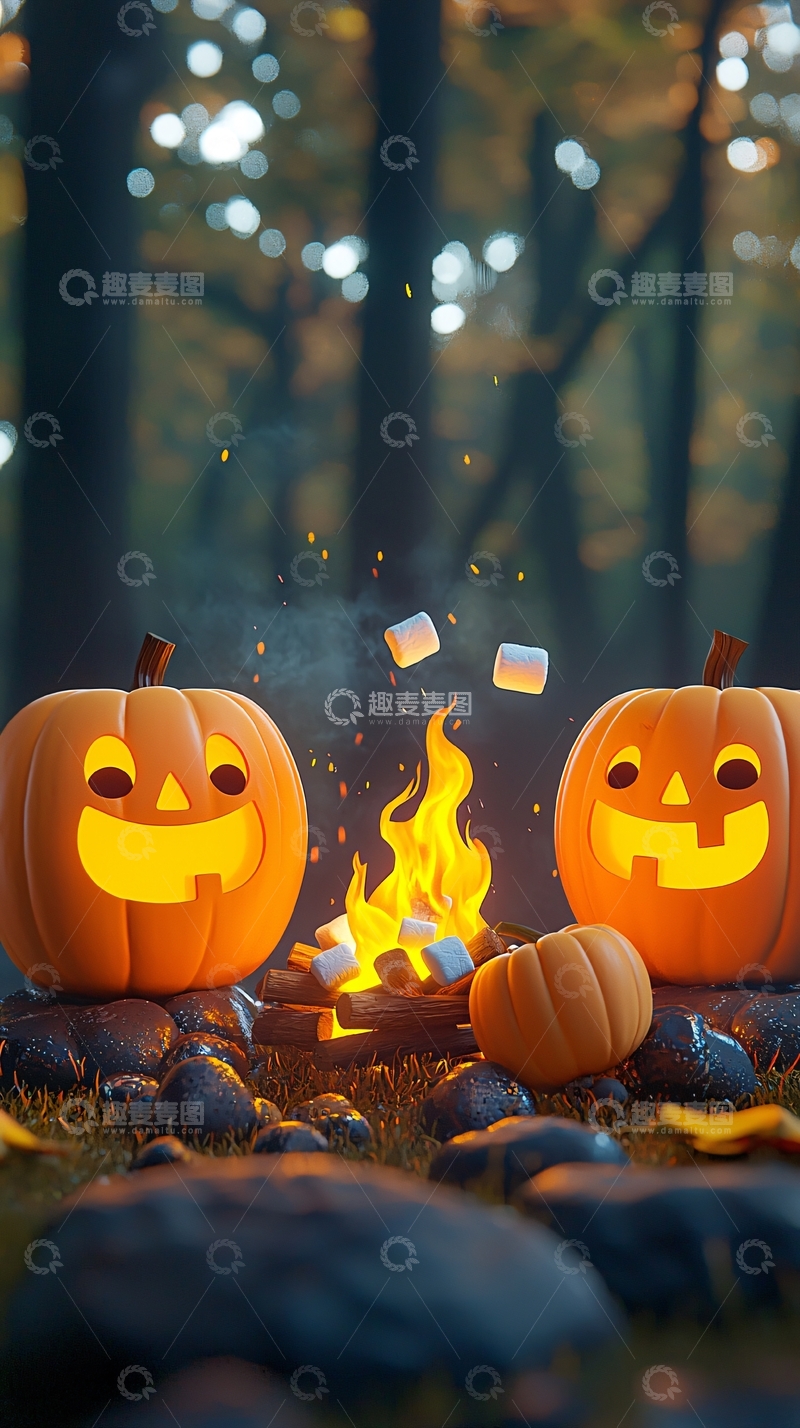 高清大图下载【趣麦麦图】森林中的南瓜灯与篝火