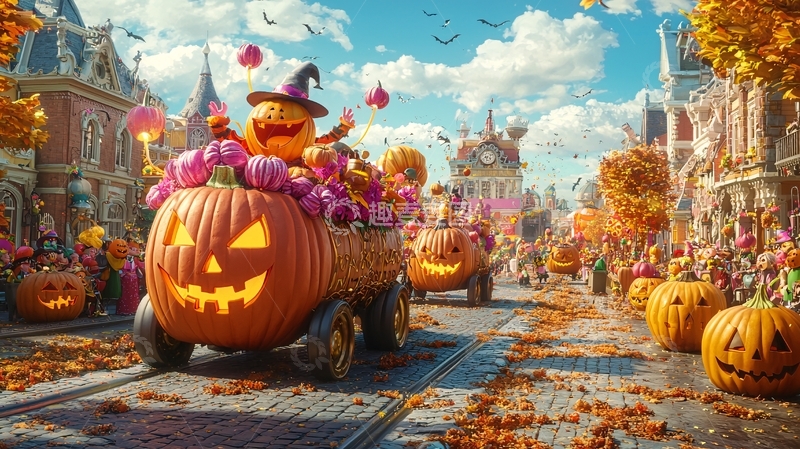 高清大图下载【趣麦麦图】万圣节南瓜车游行场景