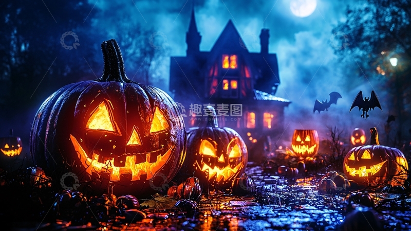 高清大图下载【趣麦麦图】万圣节南瓜与鬼屋夜景