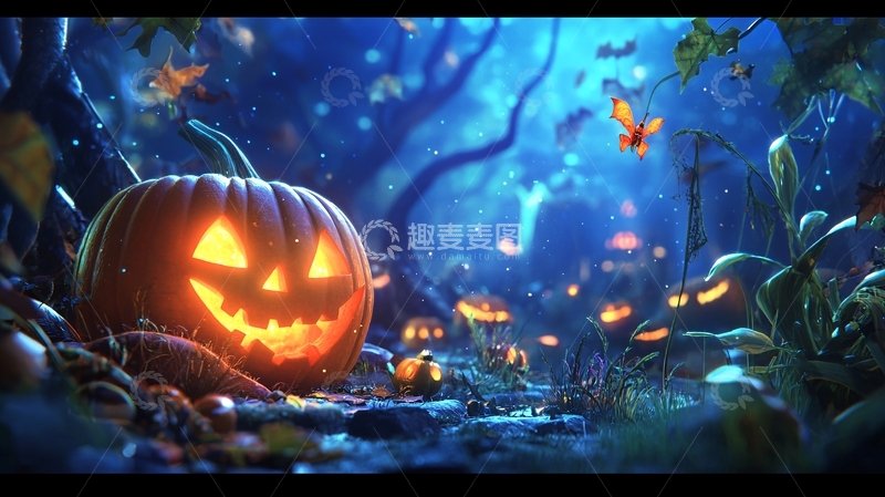 高清大图下载【趣麦麦图】万圣节南瓜森林夜景