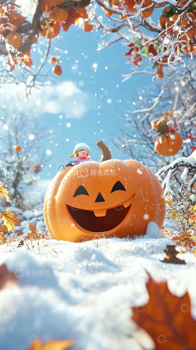 高清大图下载【趣麦麦图】雪地南瓜灯与小精灵