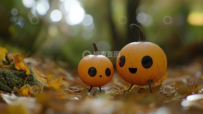 高清大图下载【趣麦麦图】可爱南瓜小精灵在秋天森林里