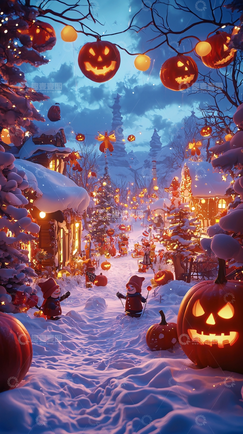 高清大图下载【趣麦麦图】冬夜万圣节南瓜灯场景